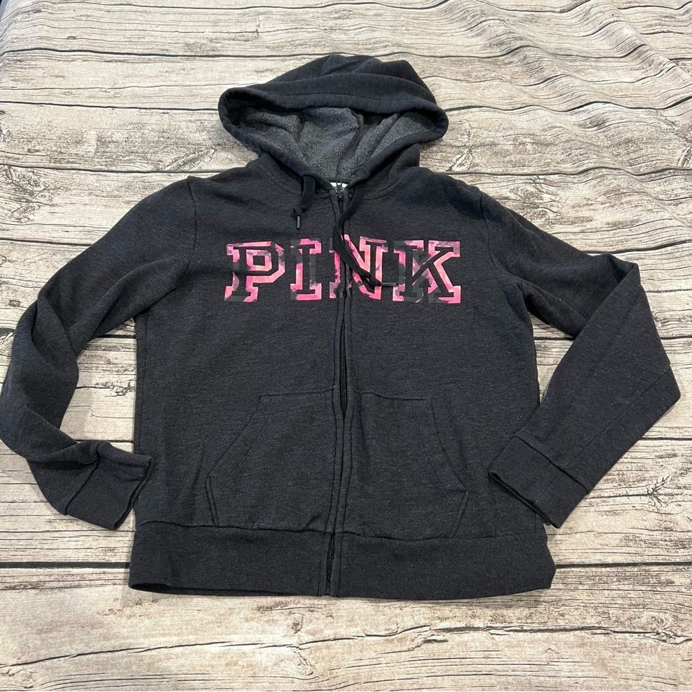 Victoria’s’ Secret Pink Full Zip Hooded Sweatshirt; Dark Grey & Pink size small